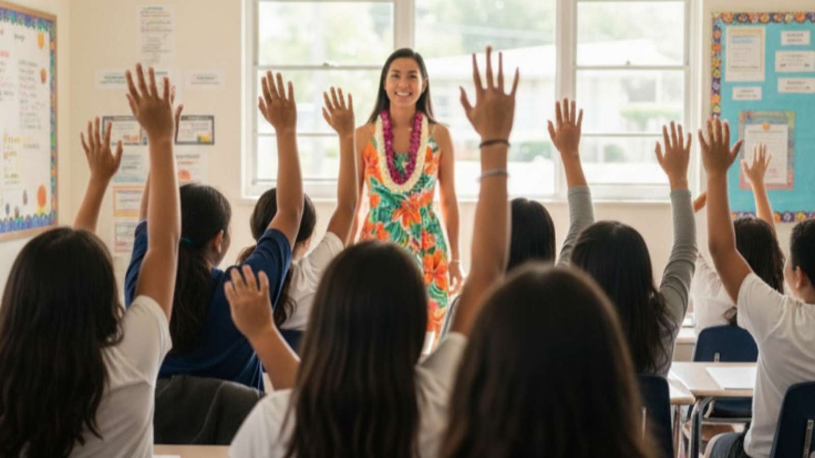 Teacher with raised hands in a classroom with students