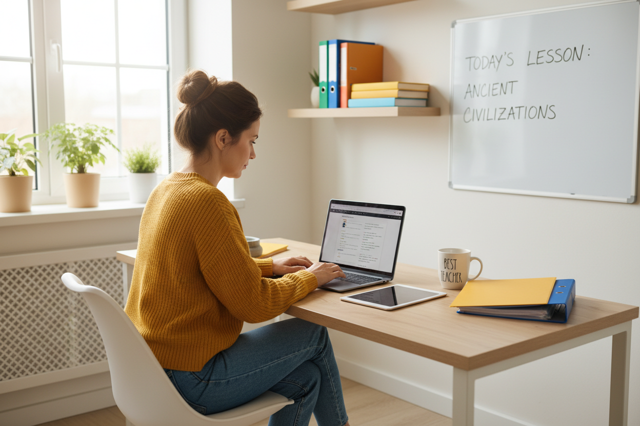 teacher working at computer